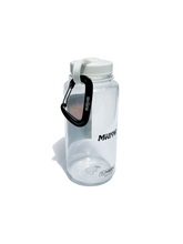 Load image into Gallery viewer, Clear Nalgene water bottle with sunset mountain graphic, white lid, and black carabiner clip.
