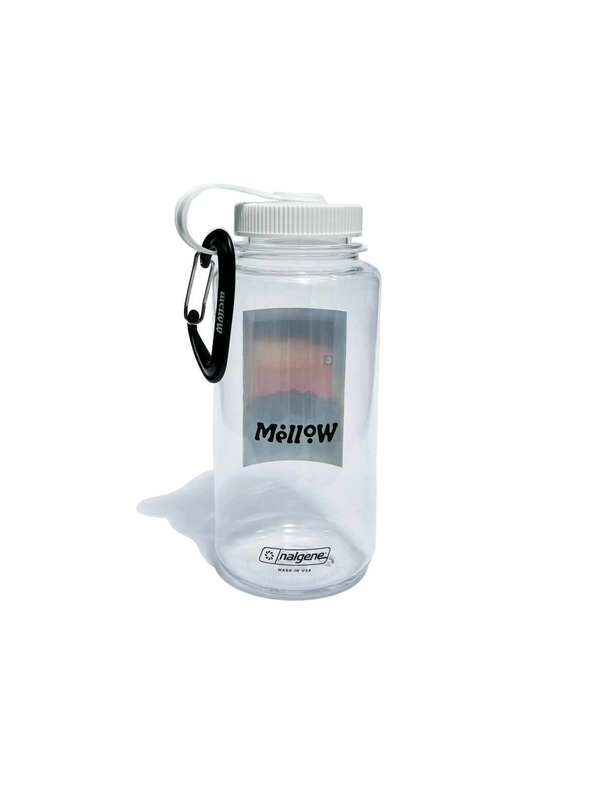 Clear Nalgene water bottle with sunset mountain graphic, white lid, and black carabiner clip.