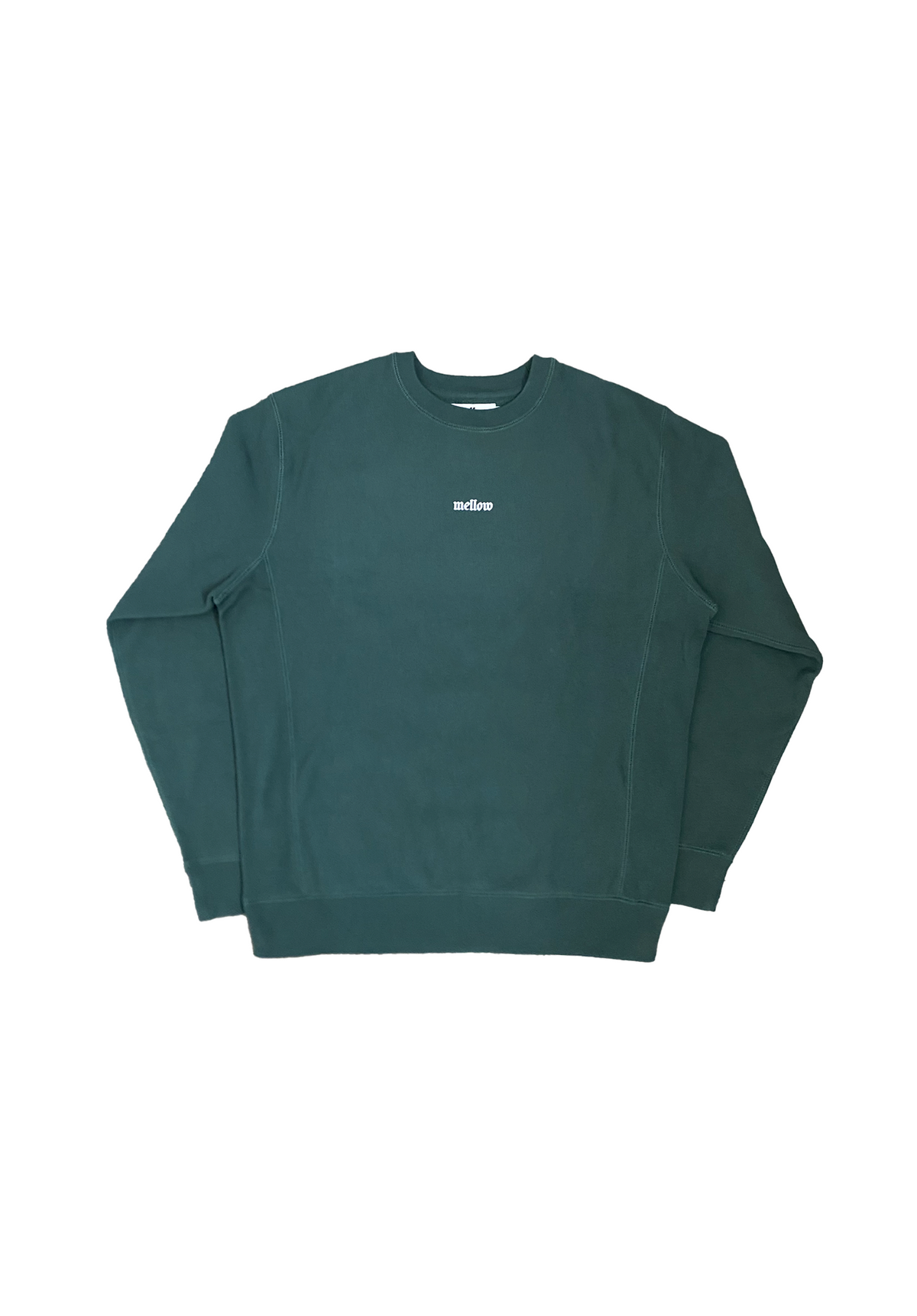 Mellow green crewneck sweatshirt with embroidered 'mellow' logo on chest, long sleeves, and relaxed fit.
100% COTTON MADE IN USA