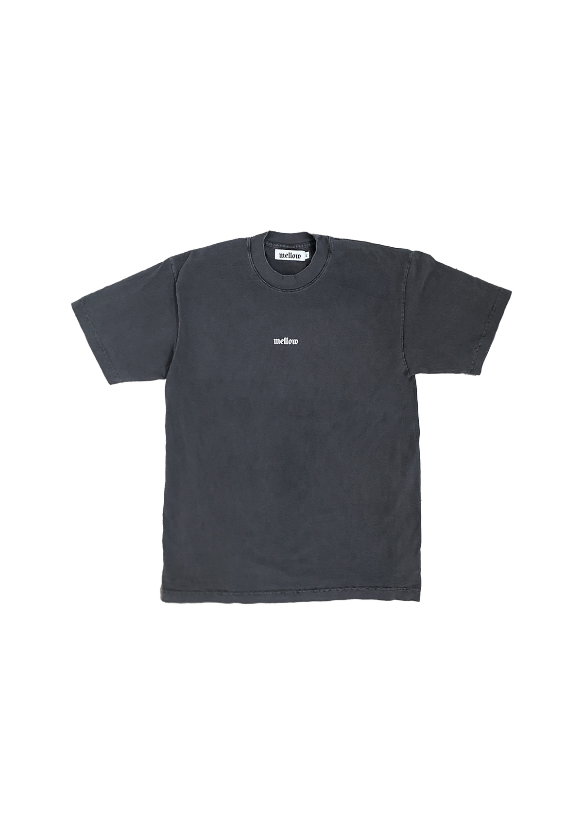 Mellow vintage black jersey short sleeve t-shirt with embroidered 'mellow' logo on chest, short sleeves, and relaxed fit. 100% COTTON MADE IN USA
