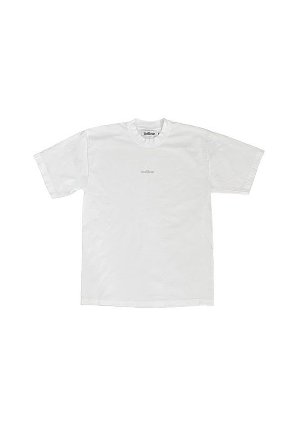 Mellow white jersey short sleeve t-shirt with embroidered 'mellow' logo on chest, short sleeves, and relaxed fit. 100% COTTON MADE IN USA