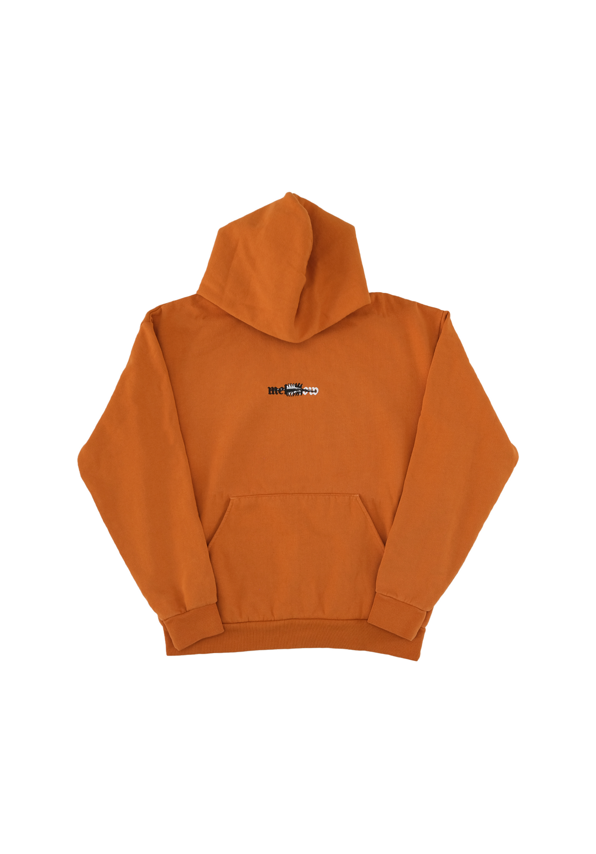 Mellow sunrise orange loose fitting hoodie with 'mellow' graphic, high quality. Cotton and polyester, made in USA.