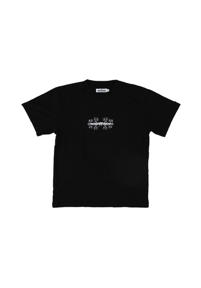 black loose fitting jersey short sleeve graphic tee shirt, high quality. 100% cotton made in the usa