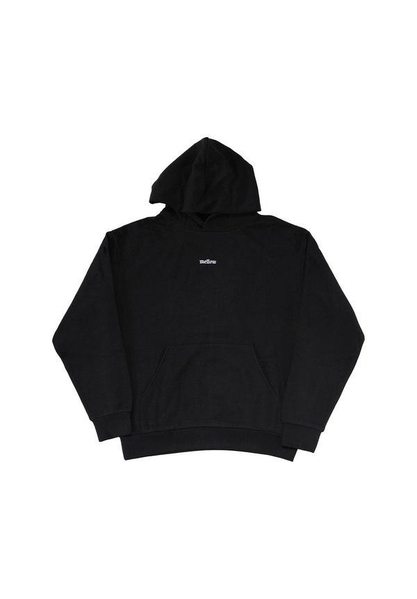 Mellow black hoodie with 'mellow ' logo on it, high quality, made in the usa, 100% cotton