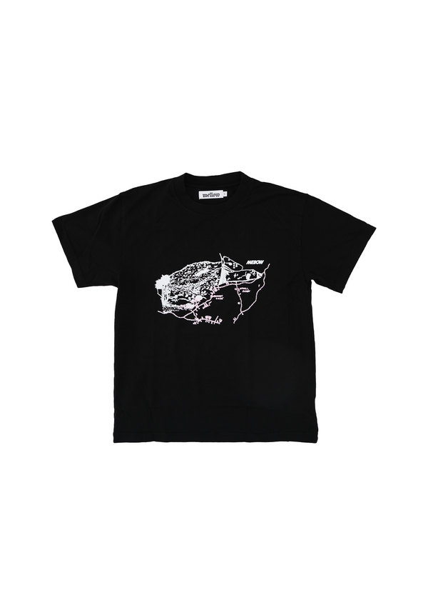 Mellow black jersey short sleeve with white 'map' graphic, high quality, made in the usa