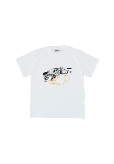 Mellow white jersey short sleeve with black 'map' graphic, high quality, made in the usa