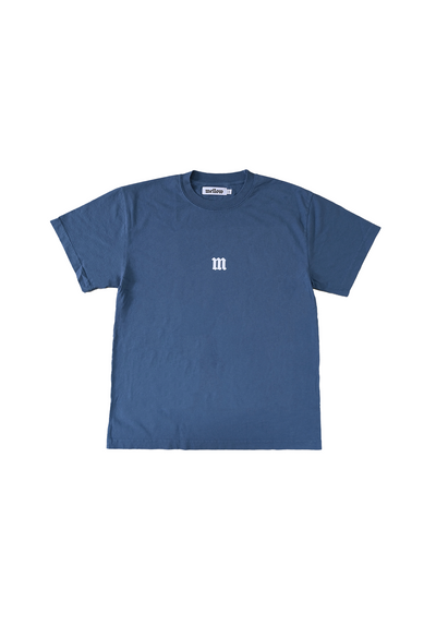Mellow steel blue jersey short sleeve with colorful 'M' graphic, high quality, made in the usa