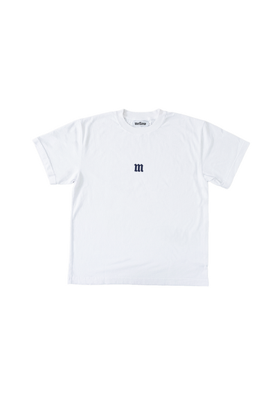 Mellow white jersey short sleeve with colorful 'M' graphic, high quality, made in the usa