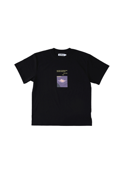 Mellow vintage black jersey short sleeve with colorful 'natural technology' graphic, high quality, made in the usa