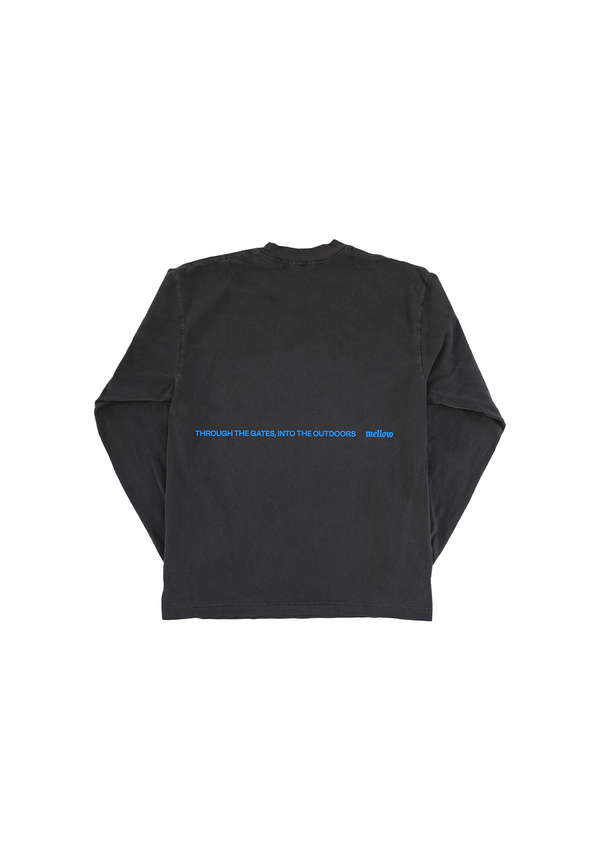 Mellow pirate black jersey long sleeve loose fitting tee shirt, with blue 'mellow' graphic on the front, high quality. 100% cotton made in the usa