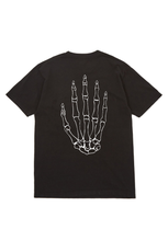 Load image into Gallery viewer, Mellow black jersey short sleeve with 'mellow ' logo on it and skeleton hand graphic, high quality, made in the usa