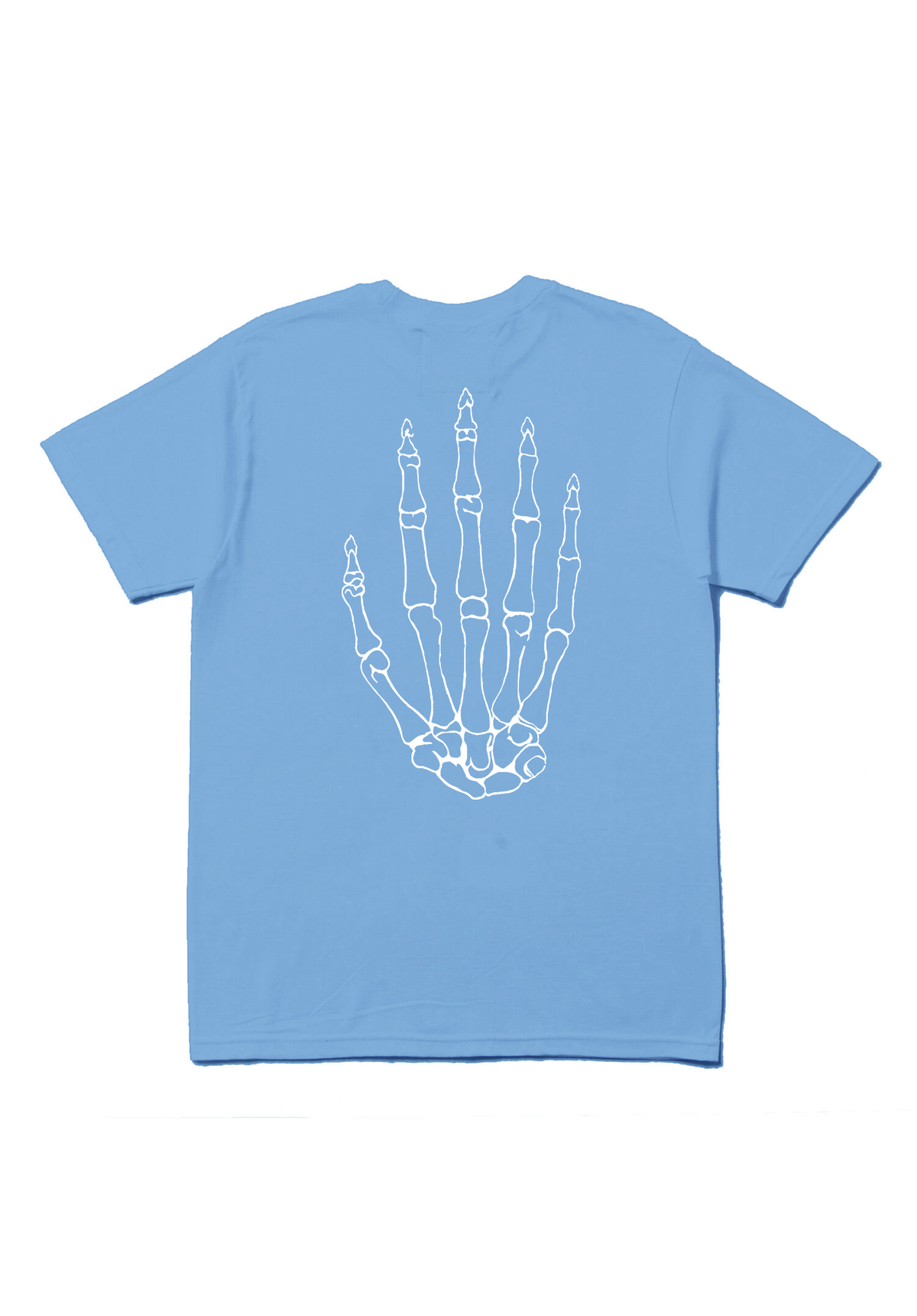 Mellow sky blue jersey short sleeve with 'mellow ' logo on it and skeleton hand graphic, high quality, made in the usa