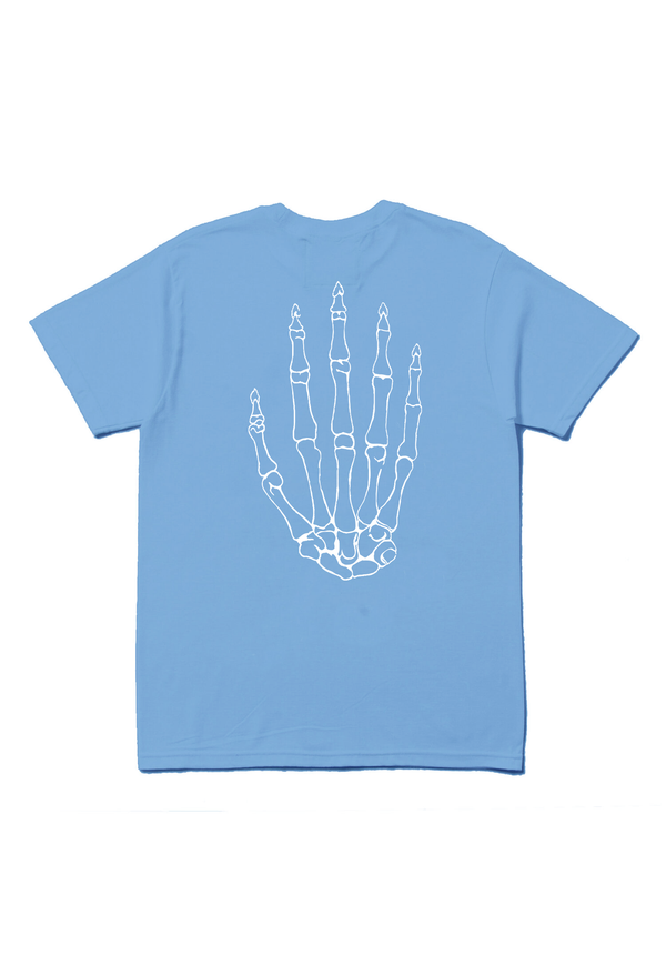Mellow sky blue jersey short sleeve with 'mellow ' logo on it and skeleton hand graphic, high quality, made in the usa