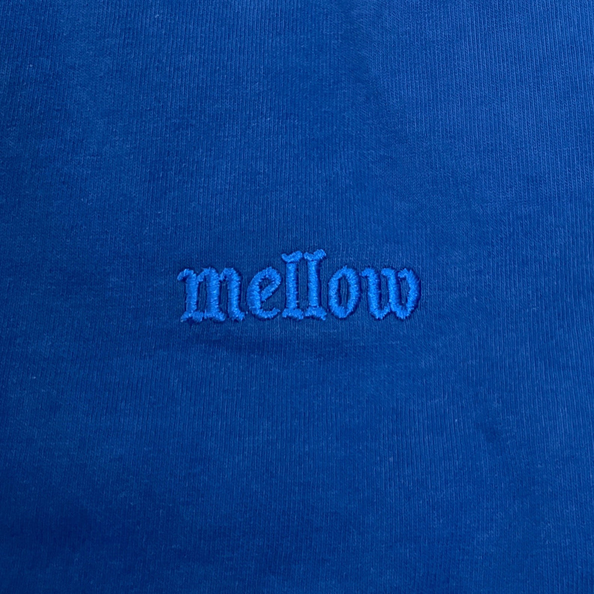 Mellow embroidered blue monotone jersey short sleeve with 'mellow' logo on it, high quality, made in the usa, 100% cotton