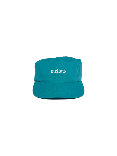 Mellow turquoise 5-panel snapback hat with 'mellow ' logo on it, high quality, made in the usa, 100% cotton twill