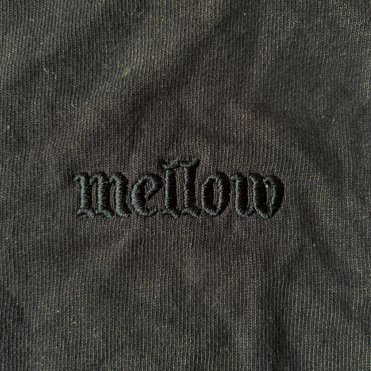 Mellow embroidered washed black monotone jersey short sleeve with 'mellow' logo on it, high quality, made in the usa, 100% cotton