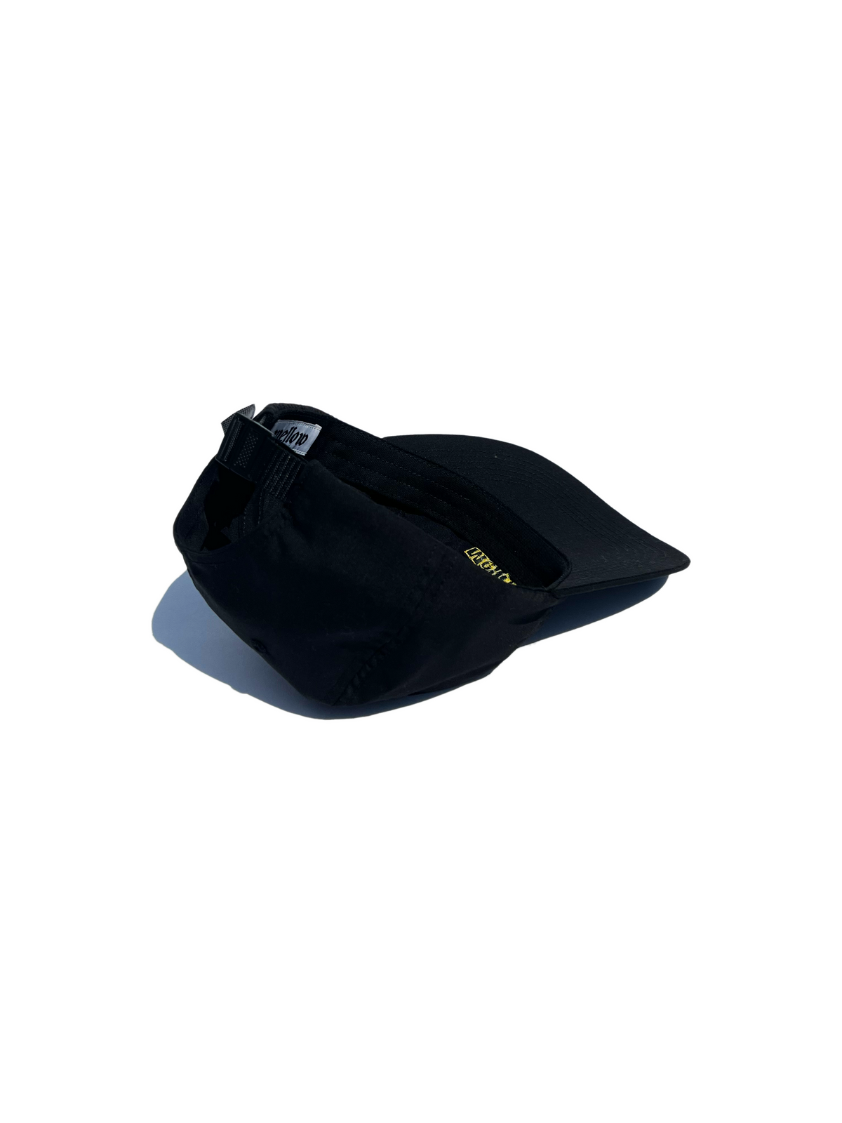 Mellow black 6 panel hat with 'mellow' in yellow embroidered on the front, high quality. 100% cotton made in the usa