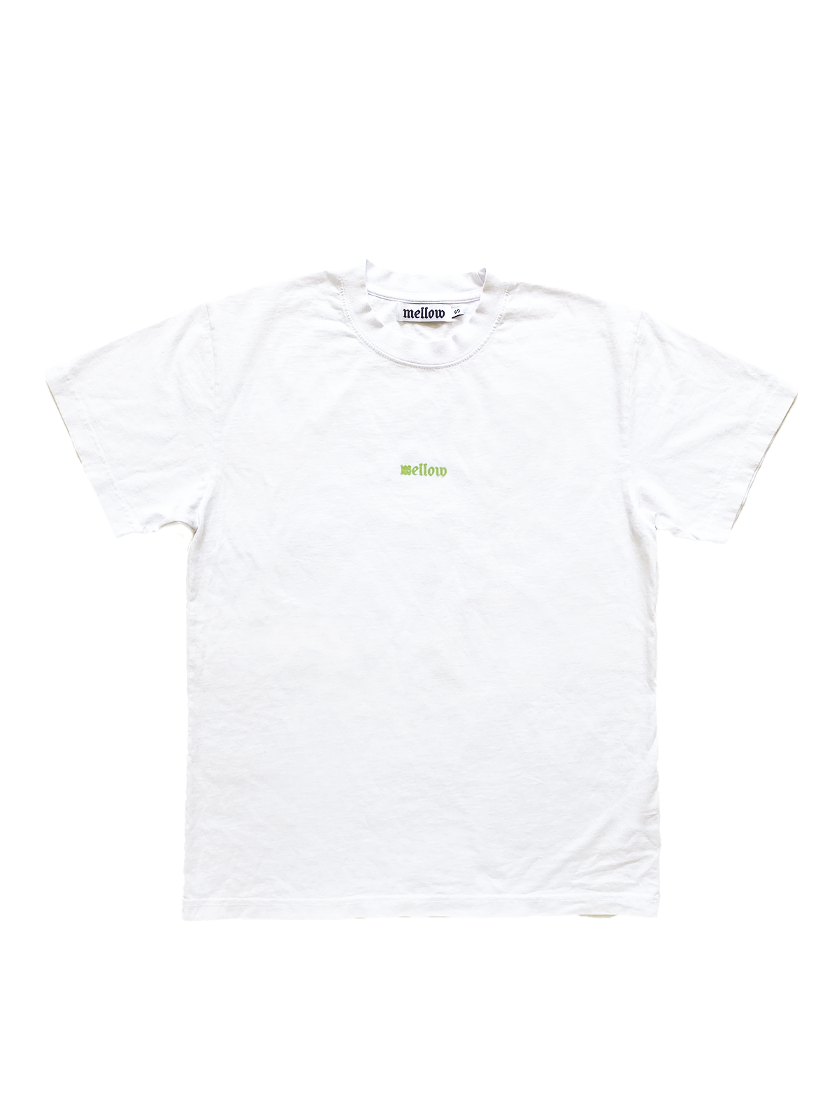 Mellow white jersey short sleeve with green 'mellow' logo graphic, high quality, made in the usa