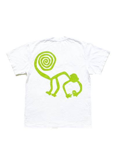 Mellow white jersey short sleeve with green 'mellow' logo graphic, high quality, made in the usa