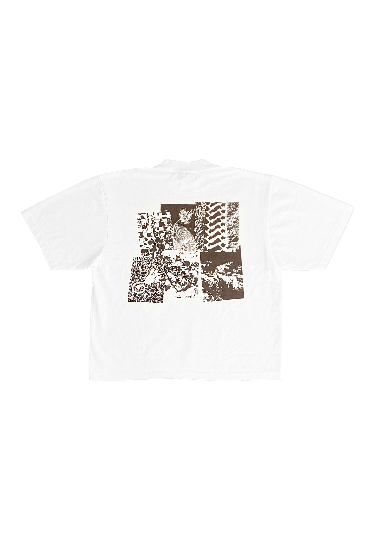 Mellow white and brown t-shirt with collage graphic on the front, high quality loose fit shirt. 100% cotton made in the usa