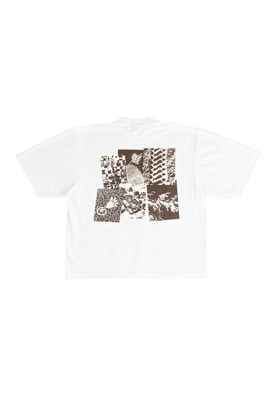 Mellow white and brown t-shirt with collage graphic on the front, high quality loose fit shirt. 100% cotton made in the usa