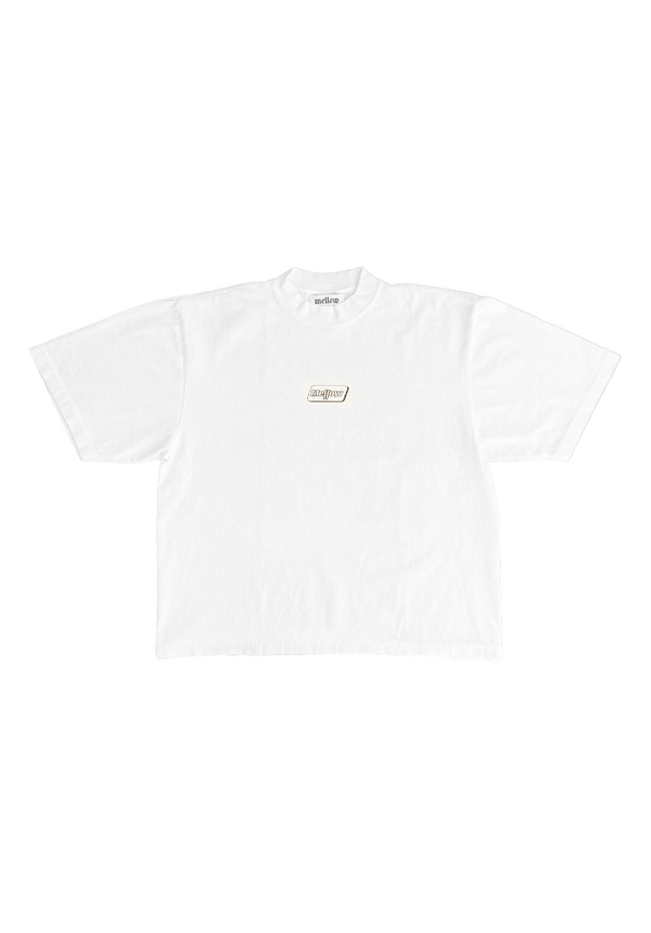 Mellow white and brown t-shirt with collage graphic on the front, high quality loose fit shirt. 100% cotton made in the usa