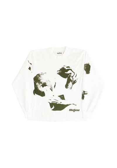 Mellow white and forest green graphic long sleeve t-shirt, high quality loose fitting, 100% COTTON MADE IN USA