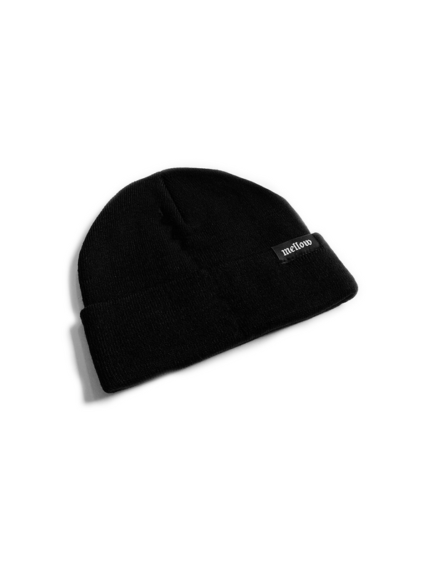 Mellow black beanie with 'mellow' logo on it, high quality, made in the usa, 100% acrylic