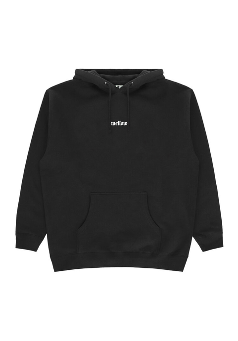 Mellow black hoodie with 'mellow ' logo embroidered on it, high quality, made in the usa