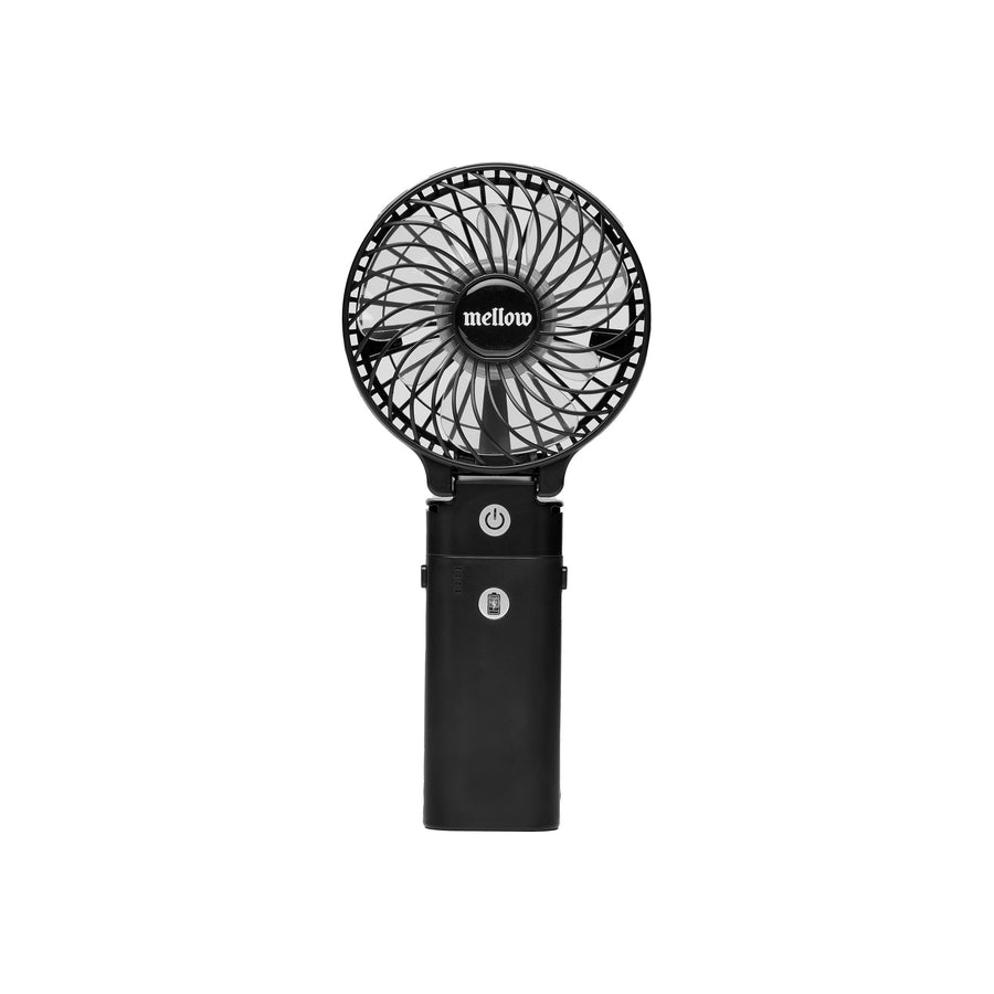 Mellow gun metal black hand fan with 'mellow' written in the middle, high quality. Made in the usa