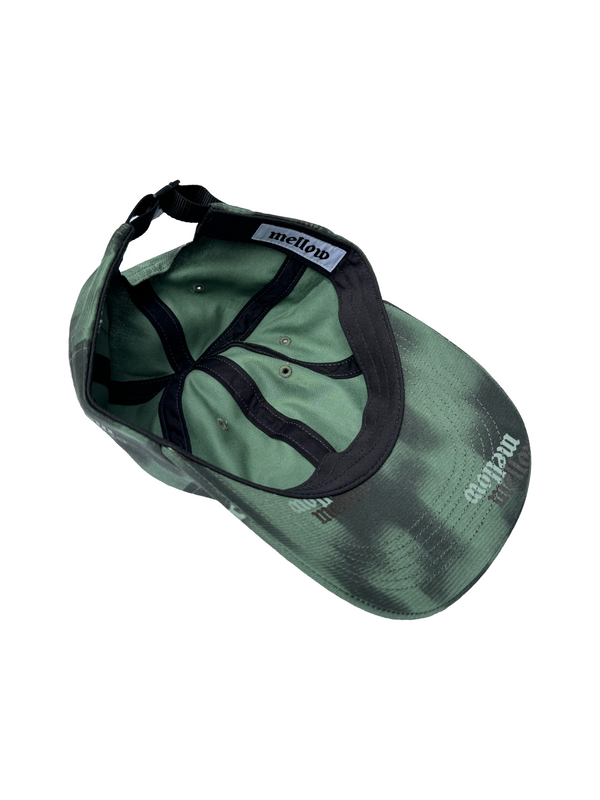 Mellow camouflage green and forest green graphic 6 panel hat with 'mellow', high quality 