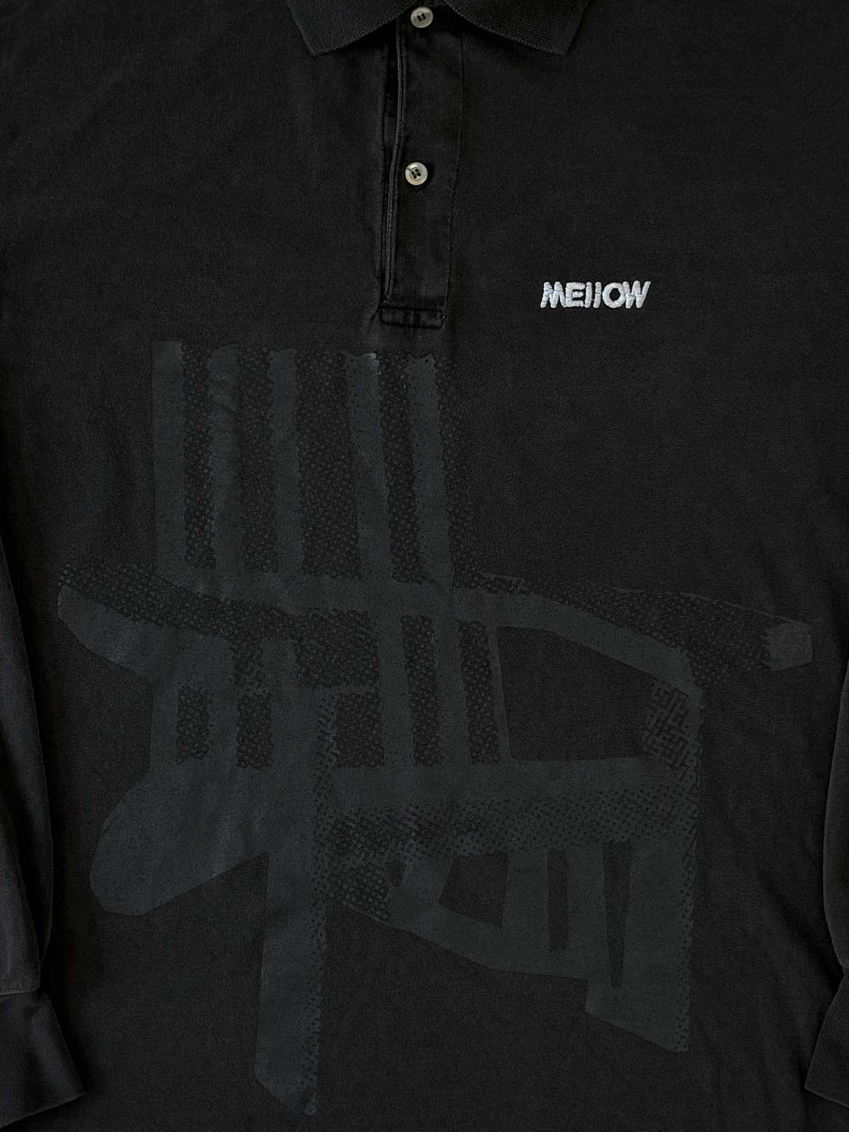 Mellow vintage black graphic long sleeve polo shirt with 'chair' graphic and 'mellow' logo on the front, high quality. Made in the usa
