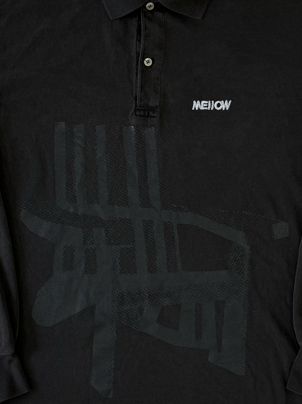 Mellow vintage black graphic long sleeve polo shirt with 'chair' graphic and 'mellow' logo on the front, high quality. Made in the usa