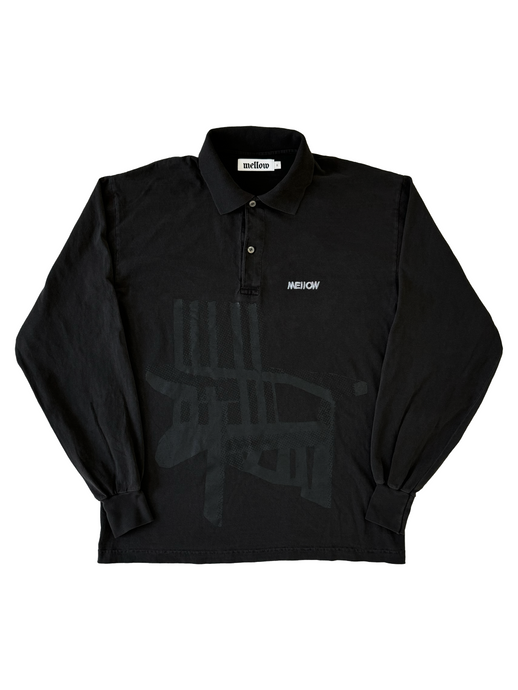 Mellow vintage black graphic long sleeve polo shirt with 'chair' graphic and 'mellow' logo on the front, high quality. Made in the usa