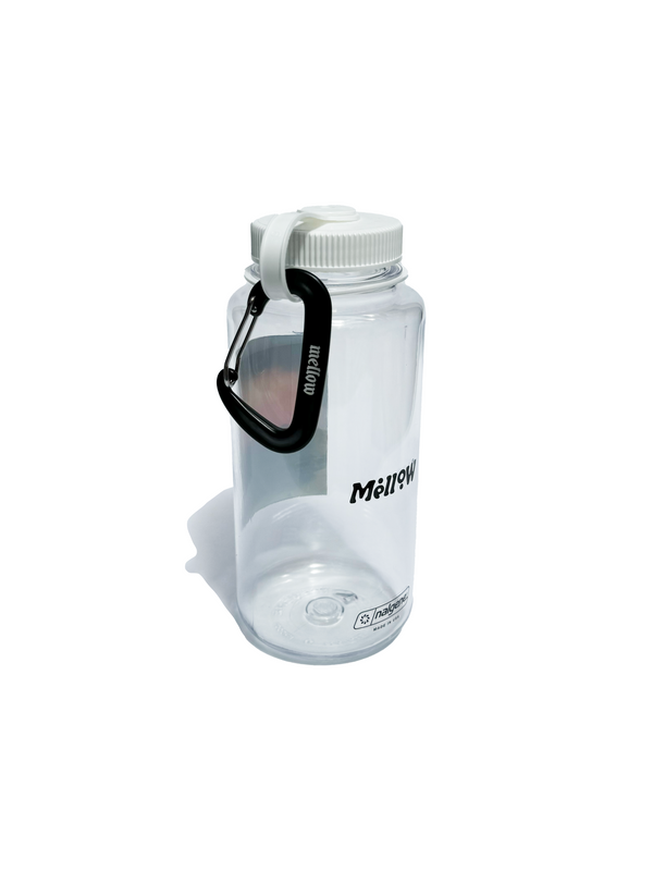 Clear Nalgene water bottle with sunset mountain graphic, white lid, and black carabiner clip.