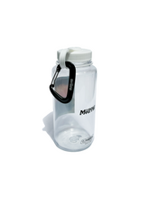 Load image into Gallery viewer, Clear Nalgene water bottle with sunset mountain graphic, white lid, and black carabiner clip.
