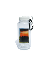 Load image into Gallery viewer, Clear Nalgene water bottle with sunset mountain graphic, white lid, and black carabiner clip.
