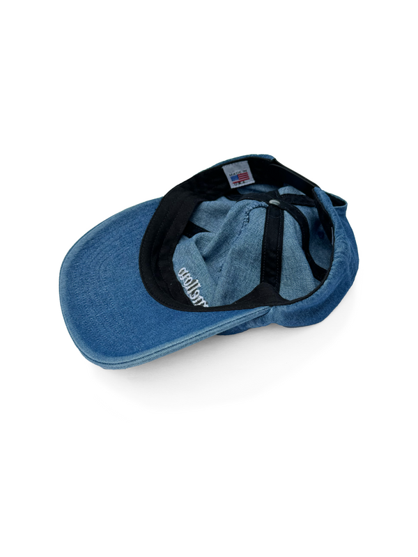 Mellow denim 5-panel snapback hat with 'mellow ' logo on it, high quality, made in the usa, 100% cotton denim twill