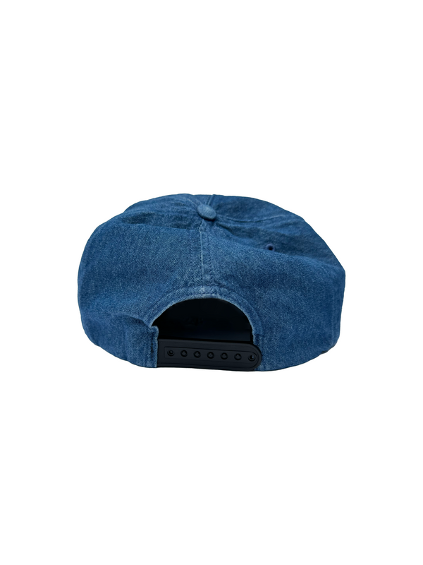 Mellow denim 5-panel snapback hat with 'mellow ' logo on it, high quality, made in the usa, 100% cotton denim twill