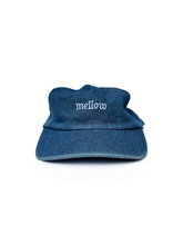 Load image into Gallery viewer, Mellow denim 5-panel snapback hat with &#39;mellow &#39; logo on it, high quality, made in the usa, 100% cotton denim twill
