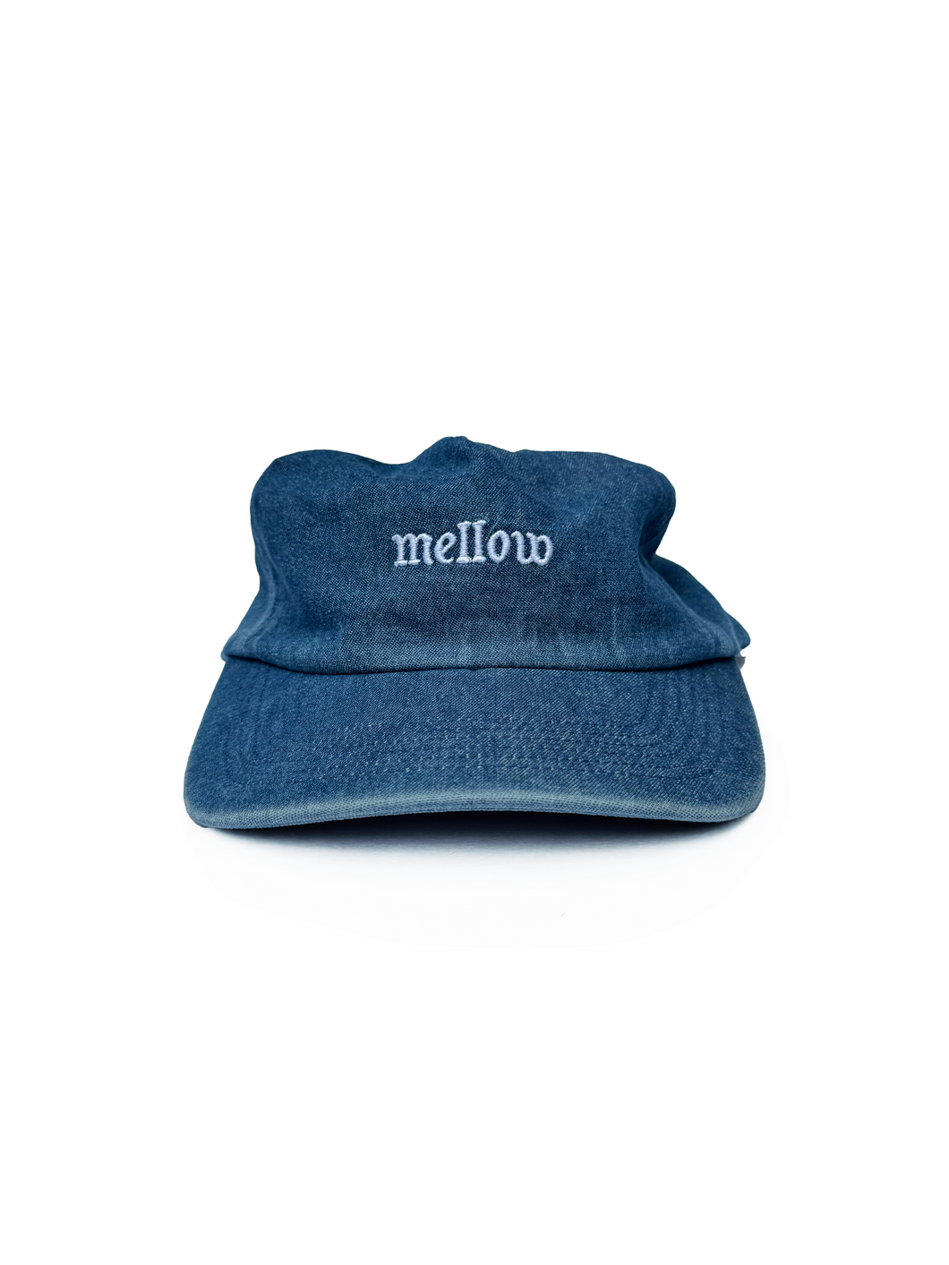 Mellow denim 5-panel snapback hat with 'mellow ' logo on it, high quality, made in the usa, 100% cotton denim twill