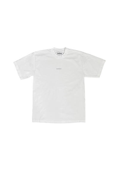 Mellow white jersey short sleeve t-shirt with embroidered 'mellow' logo on chest, short sleeves, and relaxed fit. 100% COTTON MADE IN USA