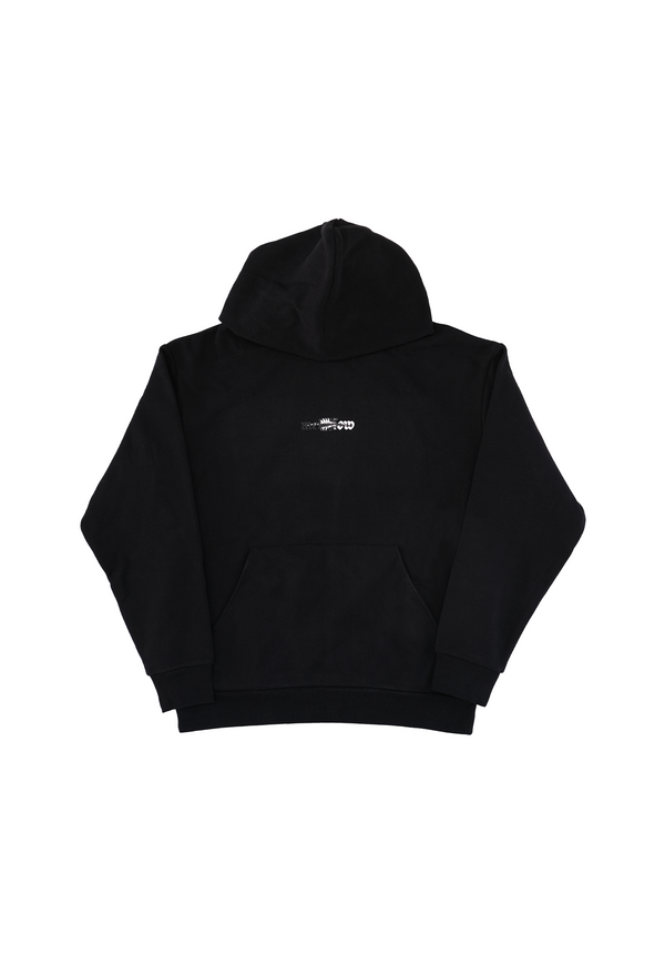 Mellow black loose fitting hoodie with 'mellow' graphic, high quality. Cotton and polyester, made in USA.