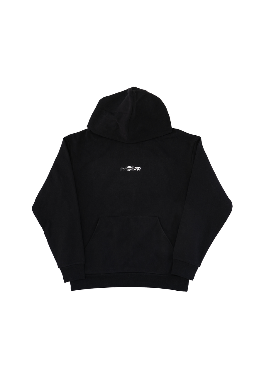 Mellow black loose fitting hoodie with 'mellow' graphic, high quality. Cotton and polyester, made in USA.