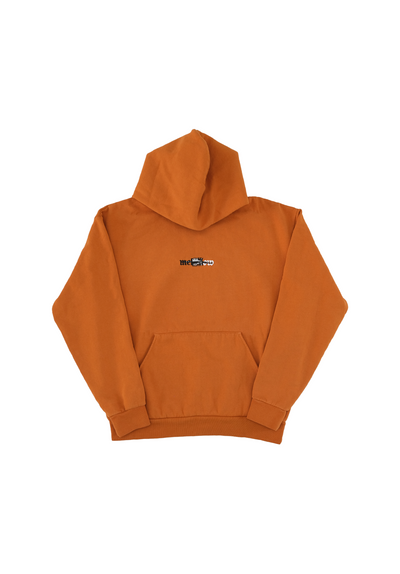 Mellow sunrise orange loose fitting hoodie with 'mellow' graphic, high quality. Cotton and polyester, made in USA.