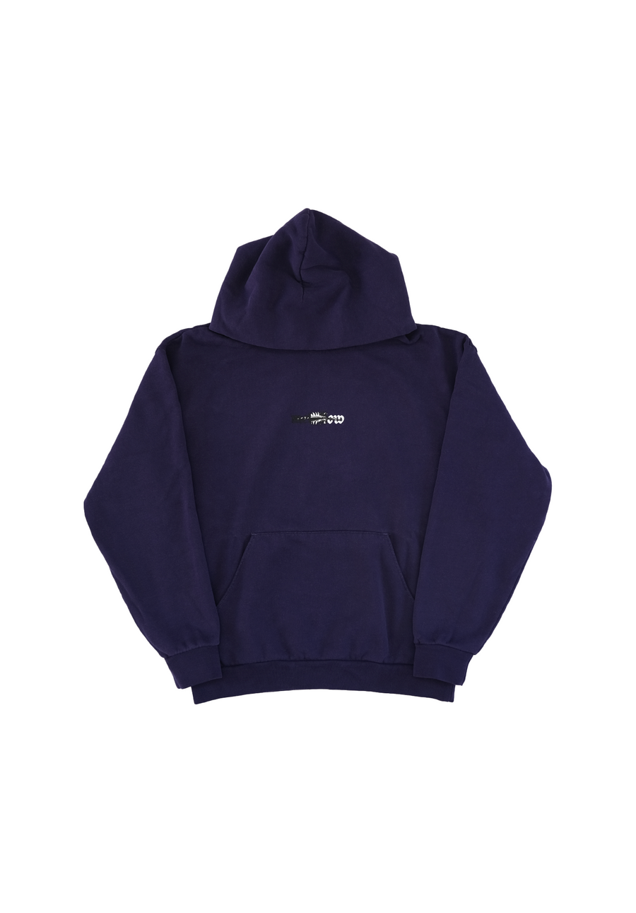 Mellow midnight purple loose fitting hoodie with 'mellow' graphic, high quality. Cotton and polyester, made in USA.
