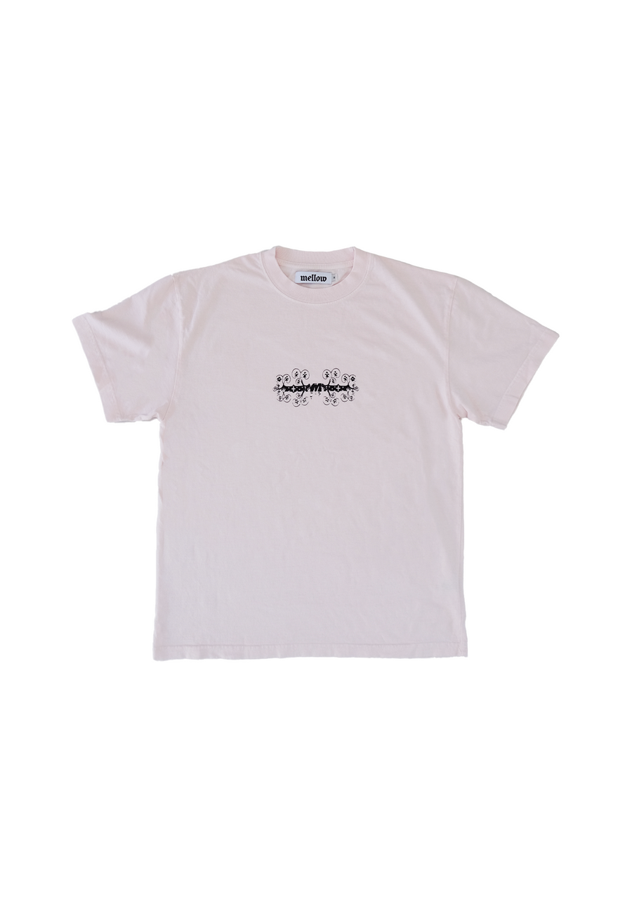 Mellow pink loose fitting jersey short sleeve graphic tee shirt, high quality. 100% cotton made in the usa
