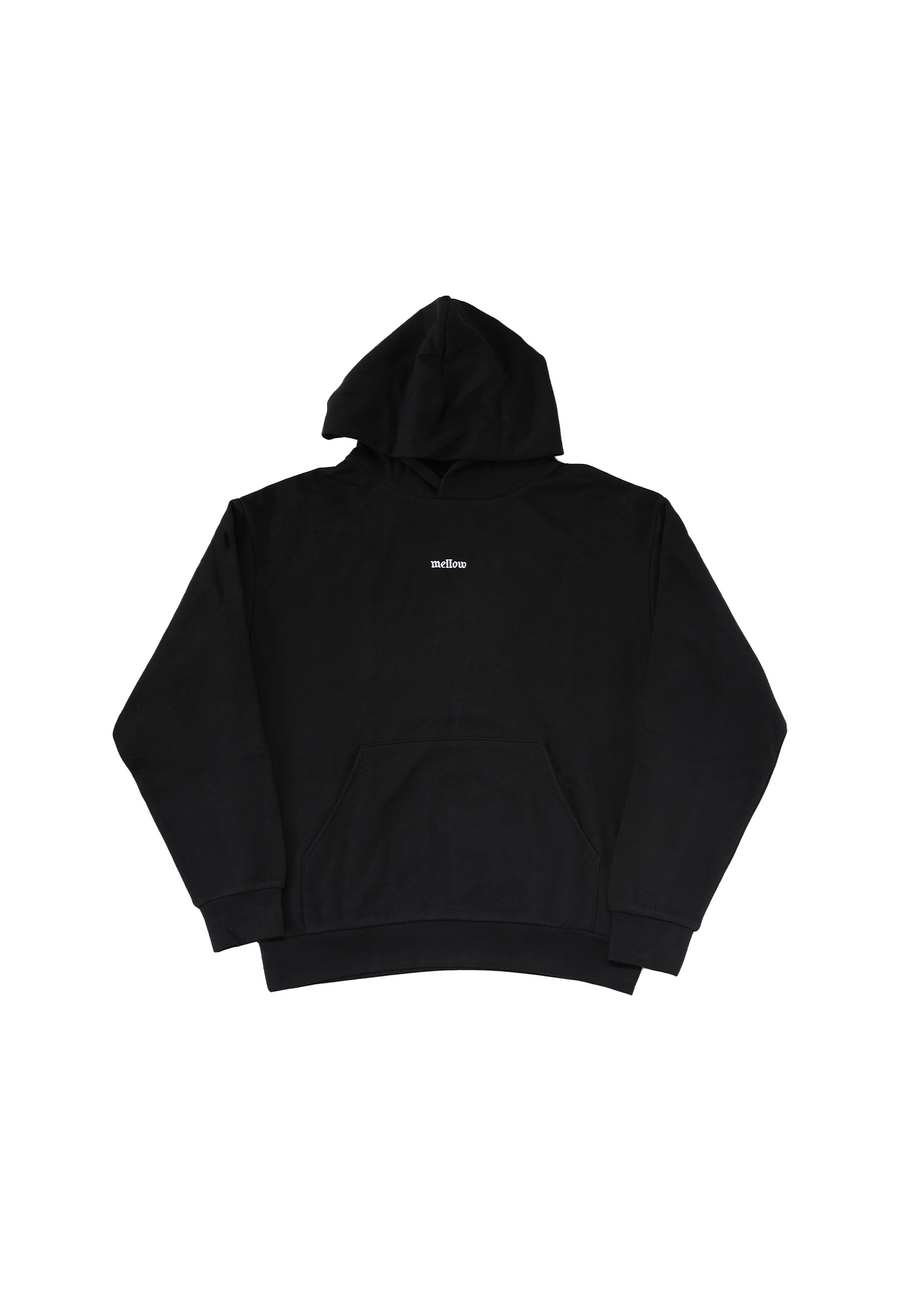Mellow black hoodie with 'mellow ' logo on it, high quality, made in the usa, 100% cotton