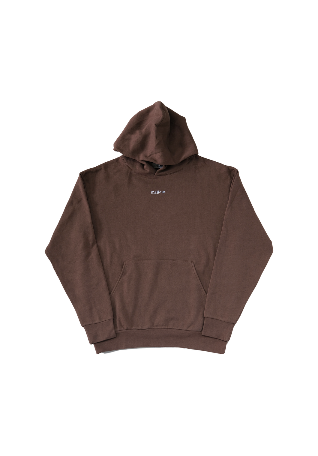 Mellow clay brown hoodie with 'mellow' logo on it, high quality, made in the usa, 100% cotton