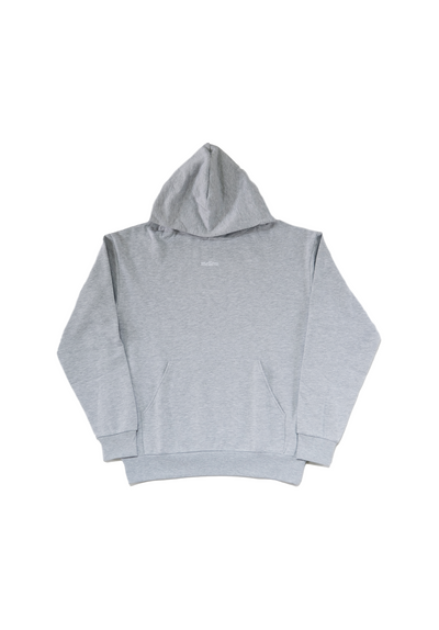 Mellow grey heather hoodie with 'mellow' logo on it, high quality, made in the usa, 100% cotton